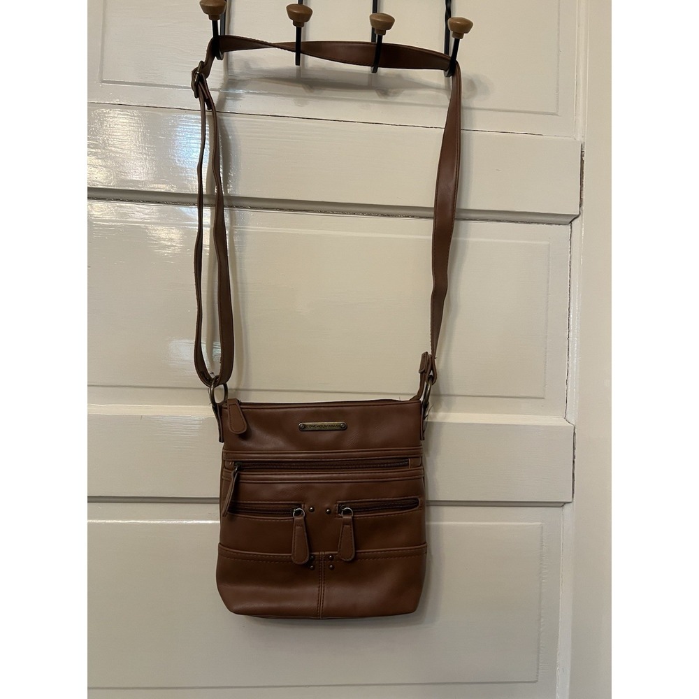 Stone Mountain Bonded Talia Leather Crossbody Purse Brown Multi Pocket Bag Zip
